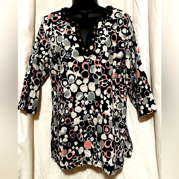 Carol Little Women's V Neck Top Bronze Button Embellishments Sz XL Blk/Wht/Pink - Picture 1 of 5